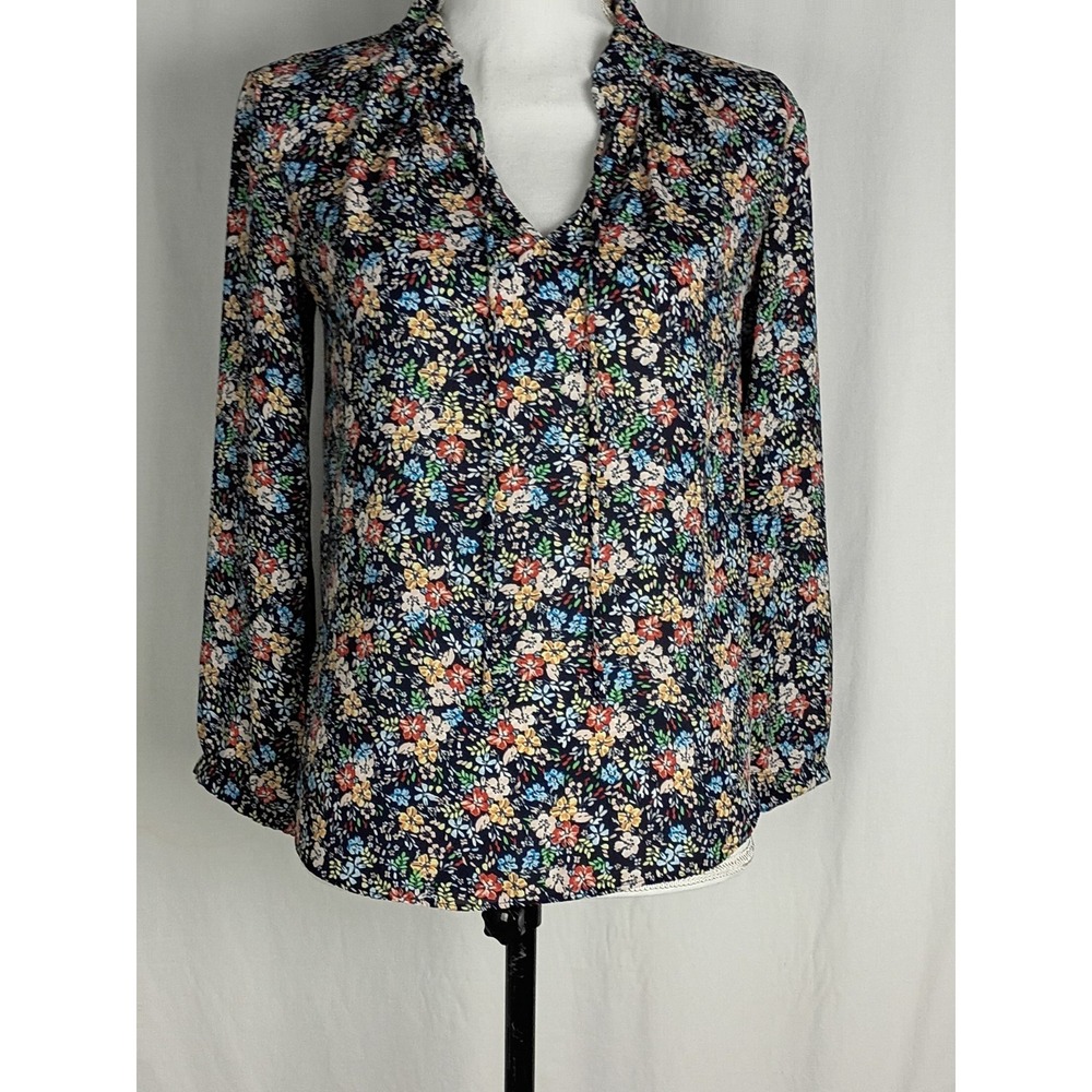 LOFT Petite XSP Black Floral Print‎ Ruffle Neck Tie Closure Top Blouse